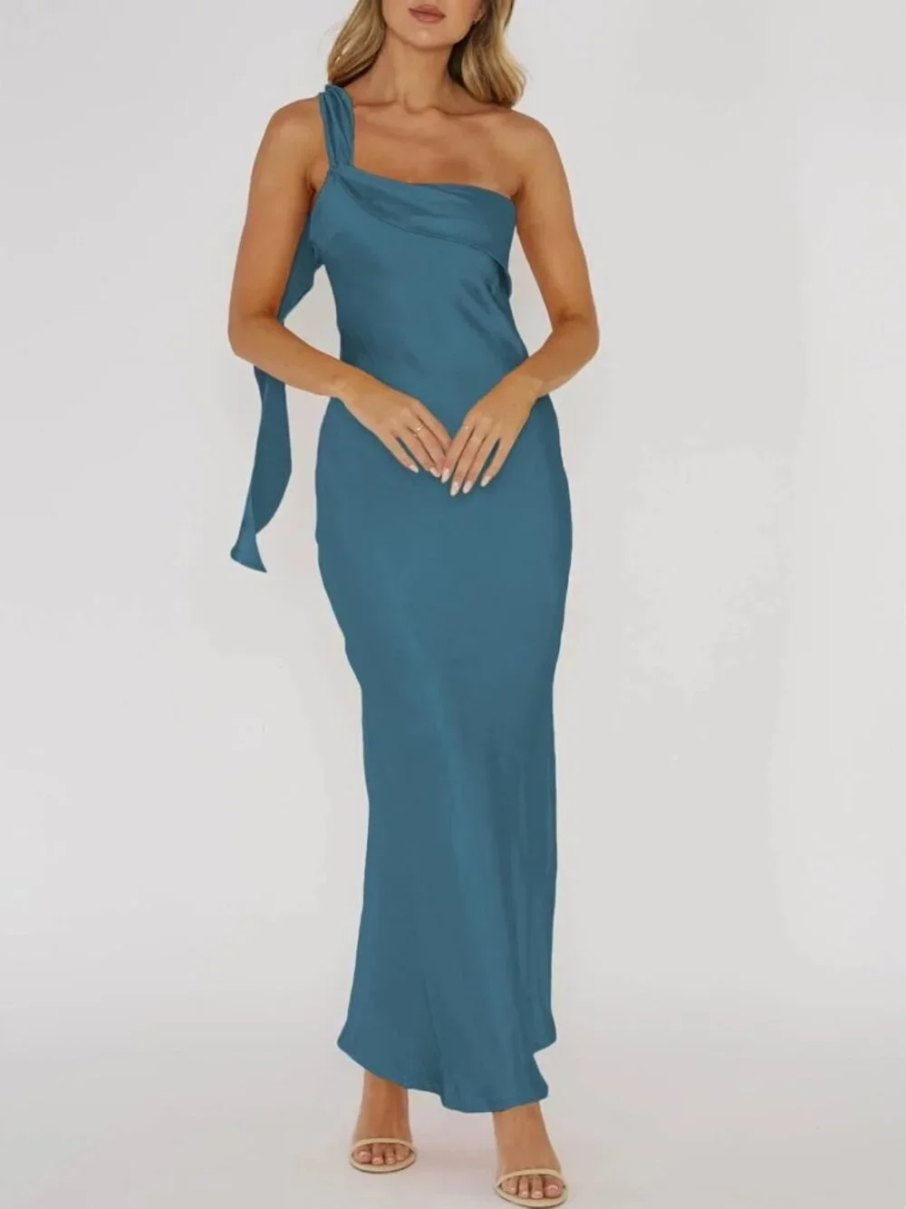 Women's Lake Blue Summer Silk Formal Elegant Sleeveless ONE Shoulder Maxi Dress